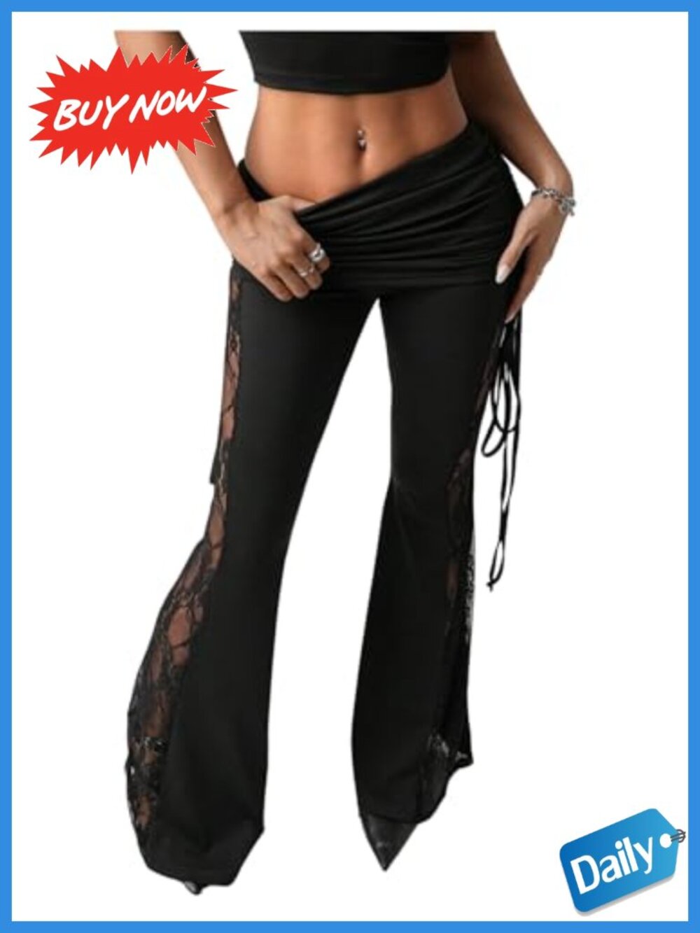 Women's Lace Bell Bottom Flare Leggings Drawstring Waist Rave Pants